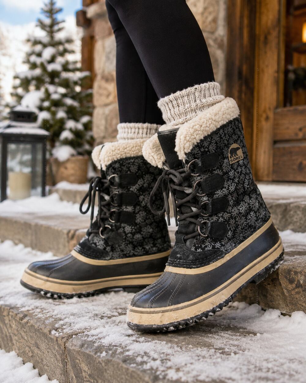Sorel Snow Boots Womens 8 Black Snowflake Lace Up Waterproof Winter Sherpa